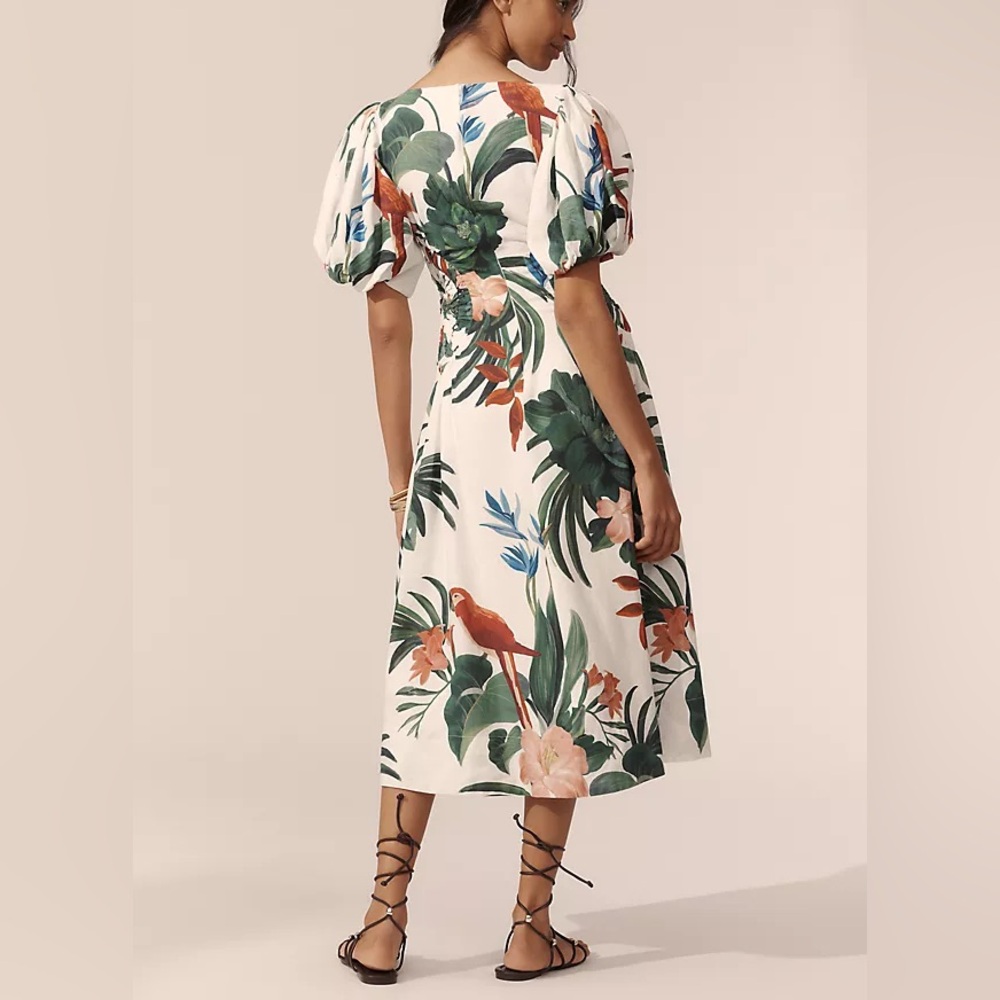 NWT Farm Rio Midnight Macaw Fiesta Linen Blend Puff-Sleeve Midi Dress Size M - Picture 4 of 12